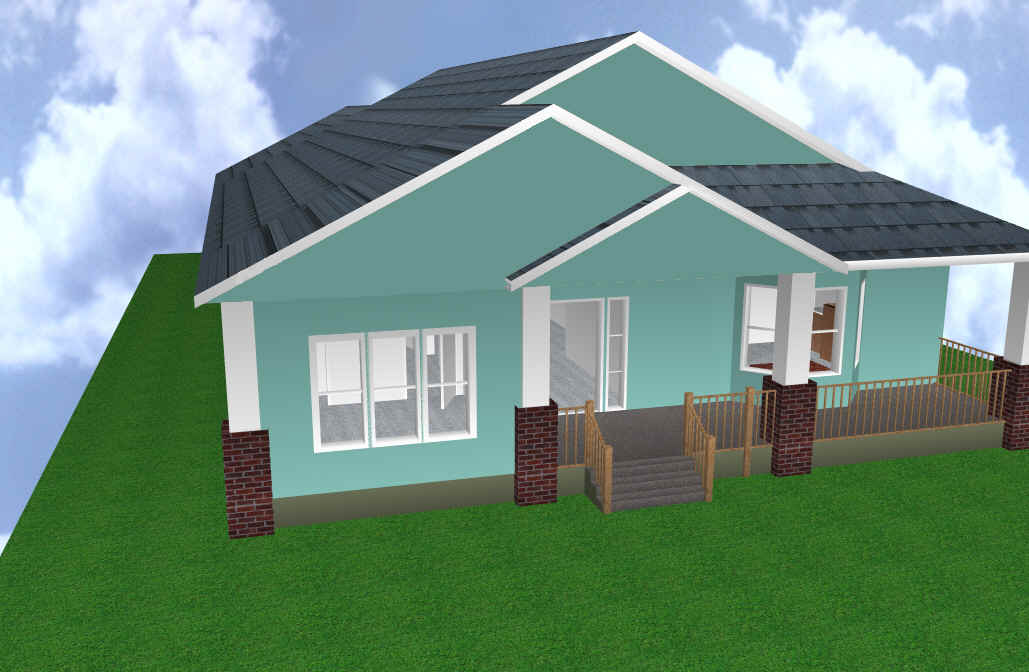 A rendered view of Tom and Helen’s green bungalow-style house.