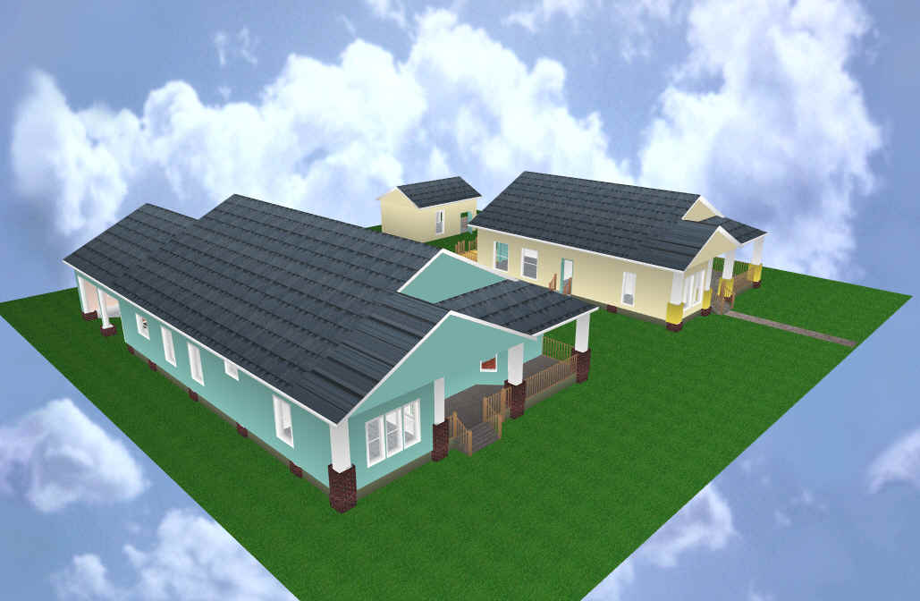A combined rendering of Tom and Helen’s green house and Traci’s yellow house.