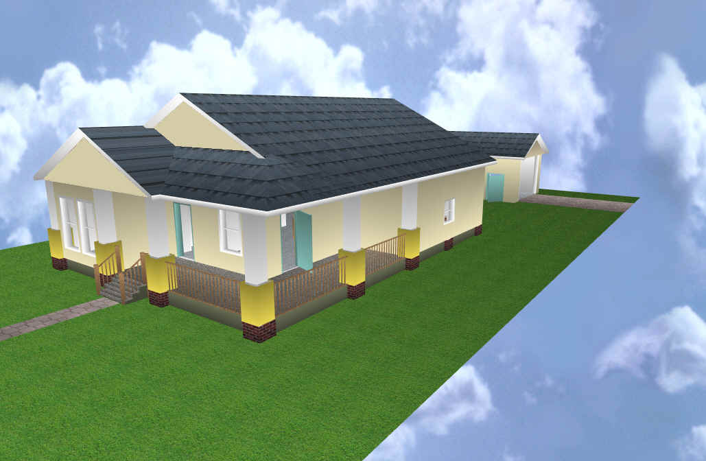 A rendered view of Traci’s yellow bungalow-style house.
